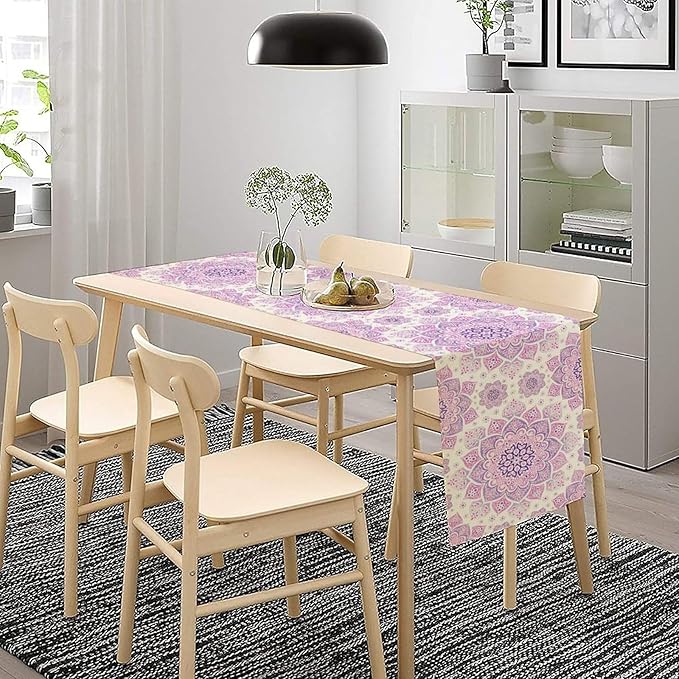 Purple Pink Mandala Table Runner, Traditional Indian Boho Mandala Flowers Print Table Runne for Kitchen Dining Table Office Wedding Party Holiday Home Decor, 13x60inch