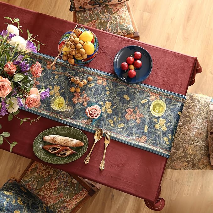 patdrea Designer Casual Wild Floral Velvet Table Runner 71 Inch Long, Dark Blue Occult Bouquets Pattern Table Mat, Decoration for Kitchen Dining Coffee Table Cabinet Banquet Thanksgiving,12"*71"