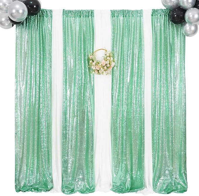 Poise3EHome Mint Green Sequin Backdrop Curtain, 2 Panels, 2FTx8FT, Polyester, for Party Wedding Sequence Decoration