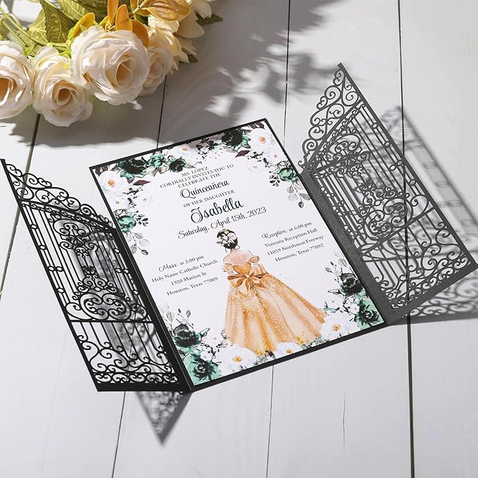 50Pcs Wedding Invitation Kit Black Fences Fold Laser Cut Invitation Pocket Personalized Wedding Card and Rsvp Card for Wedding Engagement Mermaid Birthday Party Invites