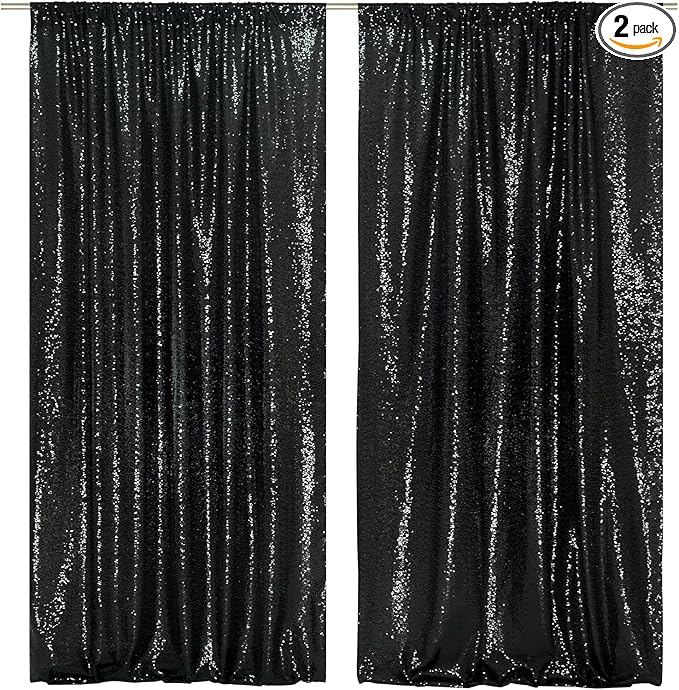 SquarePie Sequin Backdrop Curtain 8FT x 10FT Black Satin Backing Fabric Photography Background for Wedding Patry 4FT x 10FT 2 Panels
