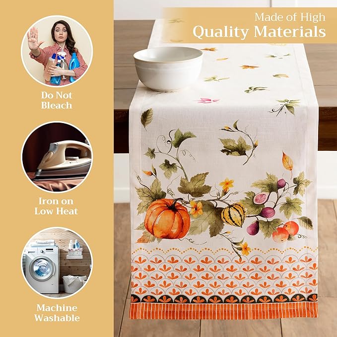 Maison d' Hermine Table Runner 100% Cotton Single Layer Table Runners 108 inches Long for Thanksgiving Christmas Decorations Home Kitchen Dining Wedding (Pumpkin Garden - Cloudy Cream, 14.5" x 108")
