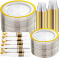 Rubtlamp 350 Pcs Clear Gold Plastic Plates, Disposable Dinnerware, Clear-Gold Plates Set Include 50 Dinner Platos 50 Dessert Platos, 50 Cups, 50 Pre Rolled Napkins with Cutlery Set for Party