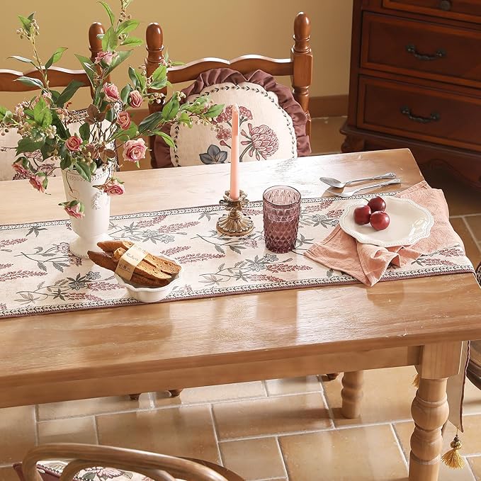 ISAENNE Designer Light Beige Linen Table Runner 102 Inches Long,Vintage Floral Wrinkle Resistant Decor Table Runners for Dining Tables,Christmas,Thanksgiving,Kitchen Tables,12"*102"-Helena A