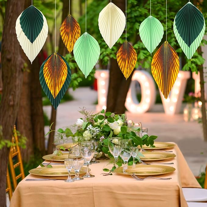 ADLKGG Green Gold Hanging Paper Leaves Wall Backdrop Decor, Paper Palm Leaves Fan Party Decorations for Forest Birthday Party Tropical Jungle Theme Classroom Decor, 12pcs