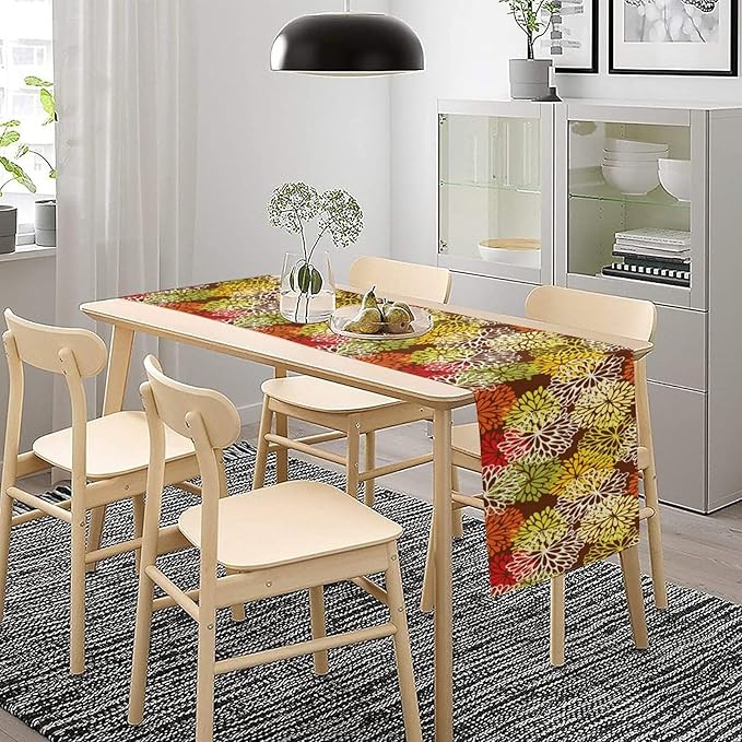 Brown Dahlia Floral Table Runner, Seasonal Autumn Thanksgiving Pattern Print for Home Kitchen Table Decor Dining Coffee Room Party Decor 13x108 Inch