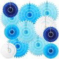 Outus 12 Pcs Hanging Honeycomb Paper Fans Sets, Fiesta Blue and White Party Decorations, Tissue Paper Flowers Supplies for Birthday Wall Classroom Wedding Bridal Photo Backdrop (8/14 Inch)