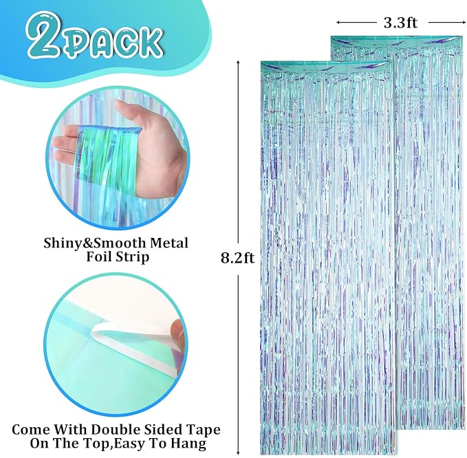 2 Pack 3.3x8.2 Feet Neon Iridescent Foil Fringe Backdrop Curtains, Tinsel Streamers Birthday Party Decorations, Fringe Backdrop for Graduation, Baby Shower, Gender Reveal, Disco Party