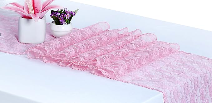 MDS Pack of 15 Wedding 12 x 108 inches Lace Table Runner for Wedding, Decorations for Birthday Parties, Banquets, Graduations, Engagements, and Runners fit Rectangle, Round Table- Blush Pink