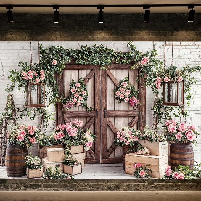 12x10ft Country Wedding Photography Backdrop Floral Rustic Roses Farmhouse Wooden Door Backdrop Pink Flower Birthday Baby Shower Wedding Bridal Party Banner Photo Booth Props Anniversary Background