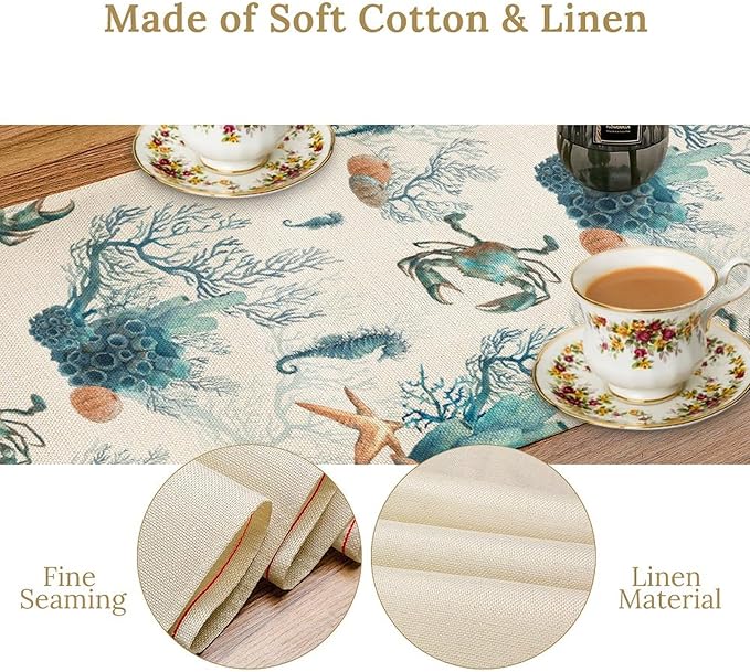 Nautical Coast Table Flag, Ocean Beach Seahorse Shell, Vintage Sailboat Lighthouse Anchor Table Decoration for Indoor and Outdoor Home Party Decor 13x108 Inch