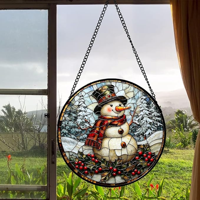 Stained Glass Window Hanging - Christmas Snowman Suncatcher for Door Terrace Garden Home Decor Winter Forest Snow Sun Catcher Birthday Gifts for Lovers Women Men Dad Mom Nana 6.3 in