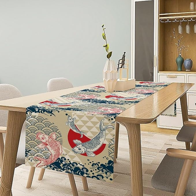 Japanese Table Runner Oriental Tradition Kio Fish Art Printed Burlap Runner Home Kitchen Dining Table Living Room Decor Fabric 1 Panel W13xL90in