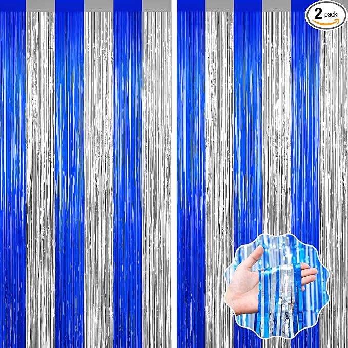 Silver and Blue Tinsel Backdrop Foil Fringe Curtains, 2Pack Birthday Door Decorations Photo Backdrop, Party Streamers Supplies for Bachelorette, Graduation, Christmas, Disco Decor New Year Decorations