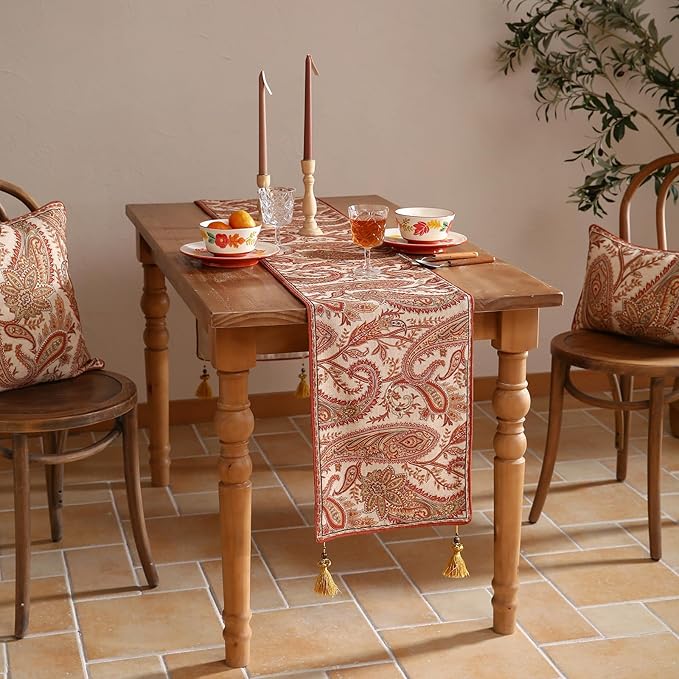 ISAENNE Designer Elegant Red Linen Table Runner 71 Inches Long,Vintage Paisley Pattern Durable Table Runners for Dining Tables,Thanksgiving,Kitchen Tables,Christmas,12"*71"-Chauffrey A