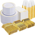 NOCCUR 700PCS Gold Plastic Plates - Gold Disposable Dinnerware Set for 100 - Include 200 Dinner/Dessert Plates, 300 Cutlery, 100 Cups, 100 Napkins, Idea for Wedding/Party/Thanksgiving