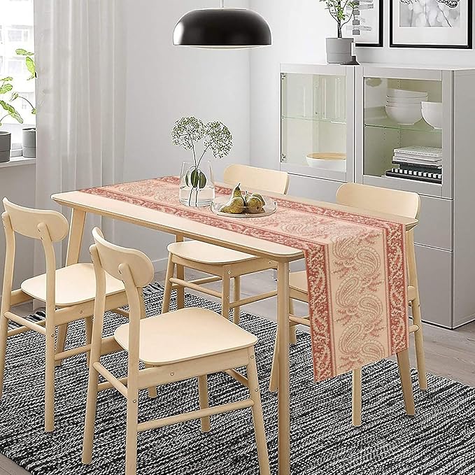 Pink Paisley Table Runner, Abstract Vintage Boho Paisley Flowers Leaves Print Table Runner for Home Kitchen Dining Room Wedding Party Decor, 13x60inch