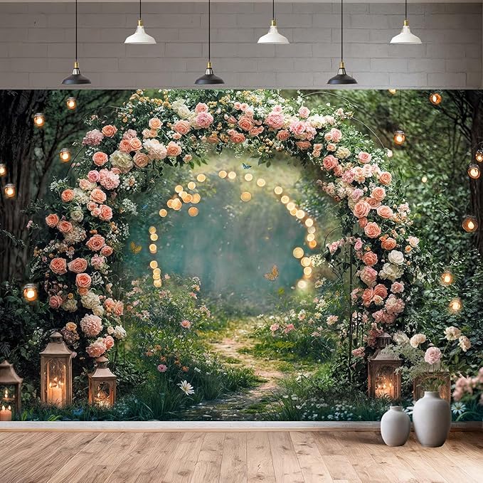 10x8ft Enchanted Forest Wedding Photography Backdrop Wonderland Roses Fairy Tale Backdrop Pink Flower Birthday Newborn Baby Shower Wedding Bridal Party Banner Photo Booth Props Anniversary Background