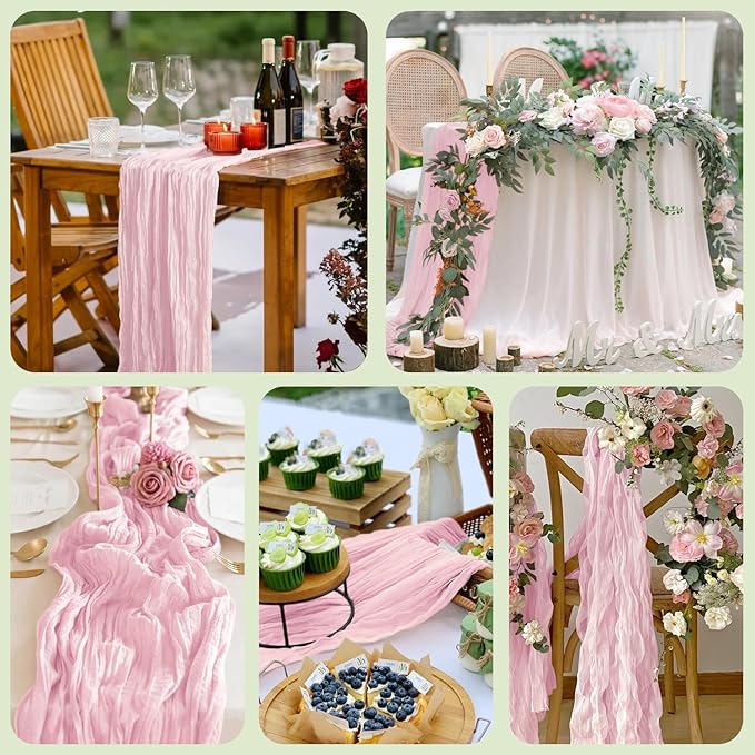 Asee'm 2pcs Cheesecloth Table Runner 120 Inches Blushing Pink Boho Gauze Cheese Cloth Runner 10FT Rustic Sheer Fall Table Runners for Thanksgiving Wedding Baby Shower Holiday Party Decoration