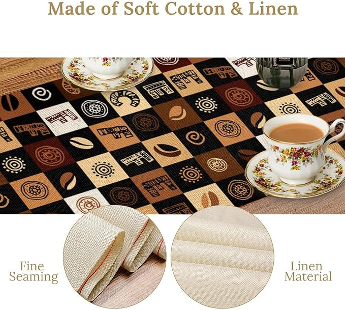 Coffee Theme Table Runner, Rustic Farmhouse Coffee Cup Latte Cappuccino Tea Party Cafe Table Center Decor for Home Kitchen Dining Patio Holiday Party Indoor Outdoor Table Decorations, 13"x36" Inch