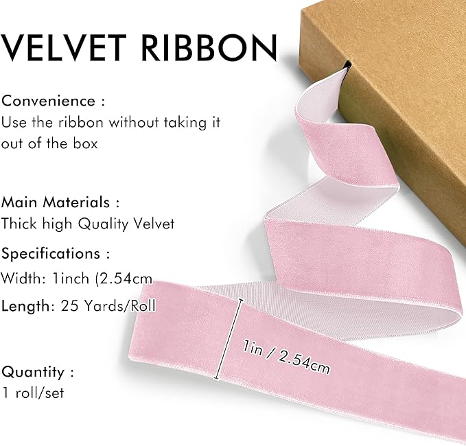 Pink Velvet Ribbon 1'' 25 Yards for Christmas Tree, Gift Wrapping, Flower Bouquet, Wreath Decorations, Bow Making