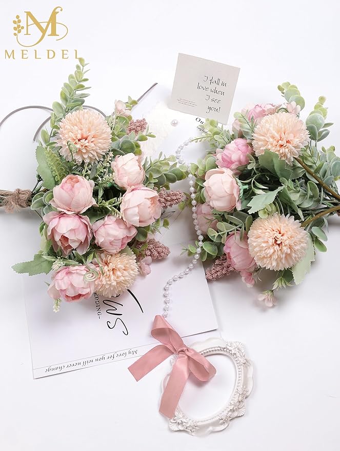 Meldel 3Pcs Peony Bouquet Light Pink Champagne Rose Artificial Flowers Eucalyptus Plants Silk Flower Arrangements Wedding Bouquets Decorations Plastic Floral Centerpieces for Home Kitchen Party Decor