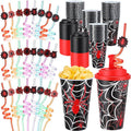 Yungyan 36 Sets Spider Party Favors Goodie Cups with Lids and Straws for Halloween Party Decorations Reusable 16oz Plastic Candy Cups Plastic Straws for Birthday Gift (Spider)