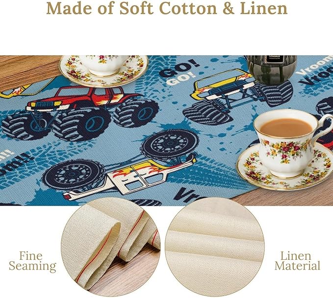Monster Truck Table Runner,for Kids Boys Cool Colorful Cartoon Blue Cars Pattern Print Tablecloth Burlap for Hotel Indoors Outdoor Dining Room Kitchen Home Decor,W13X L80 in