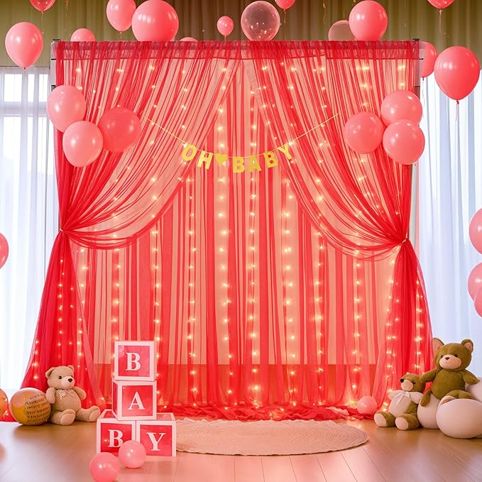 Red Tulle Backdrop Curtain with Lights String for Parites 10x10ft Wrinkle Free Sheer Backdrop Curtains for Birthday Party Bridal Shower Baby Shower Christmas Wall Photo Booth Background Decorations