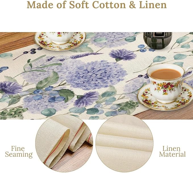 Spring Hydrangea Flower Table Runner, Seasonal Summer Plants Watercolor Eucalyptus Leaves Purple Florals Dinner Runner for Home Kitchen Dining Table Party Holiday Decoration 13"x36"