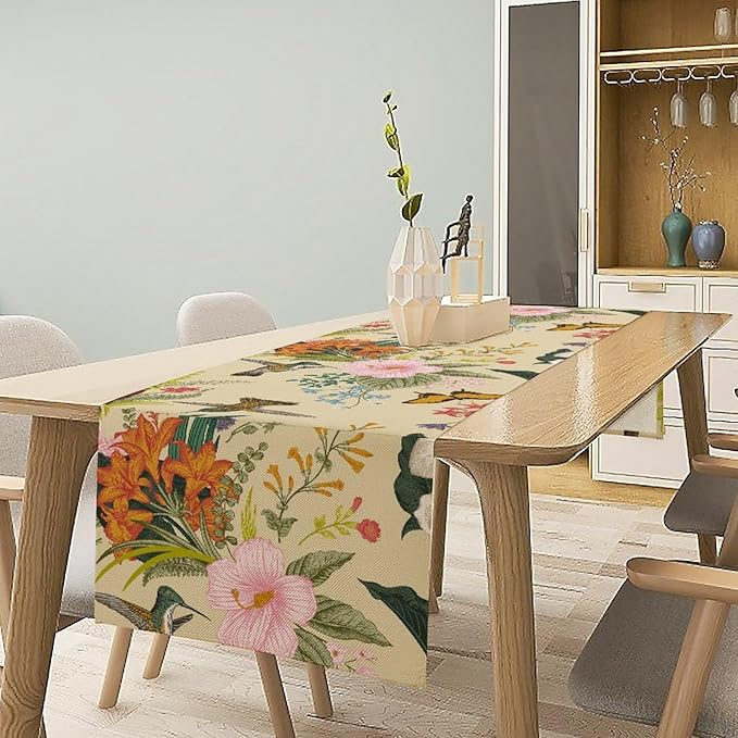 Brown Bird Floral Table Runner Spring Flower Kitchen Table Decoration Suitable for Family Dinner Decoration 13x60 Inch