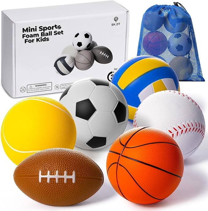 Set Of 6 Mini Sports Foam Balls for Kids, Toddler Ball Toys, Foam Football, Toddler Football, Indoor Baby Soccer, Kids Mini Basketball, Soft Baseball, Volleyball, Small Playground Balls, Baby Ball Toy