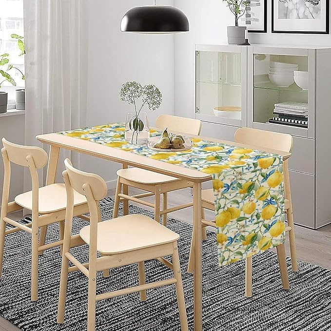 Lemon Table Runner,Watercolor Fruit Green Leaves Spring Summer Table Cloth Kitchen Dining Table Home Party Decoration 13x36 Inch