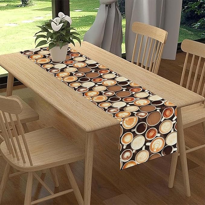 Coffee Theme Table Runner, Farmhouse Coffee Cup Latte Cappuccino Tea Party Rustic Cafe Table Center Decor for Home Kitchen Dining Patio Holiday Party Indoor Outdoor Table Decorations,13"x108" Inch