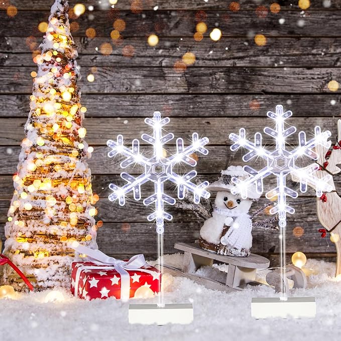 Riakrum 3 Pcs Lighted Christmas Tabletop Decorations Snowflake Table Decor Xmas Night Lights Battery Operated Christmas Centerpiece Lights Indoor for Holiday Winter Party Desk