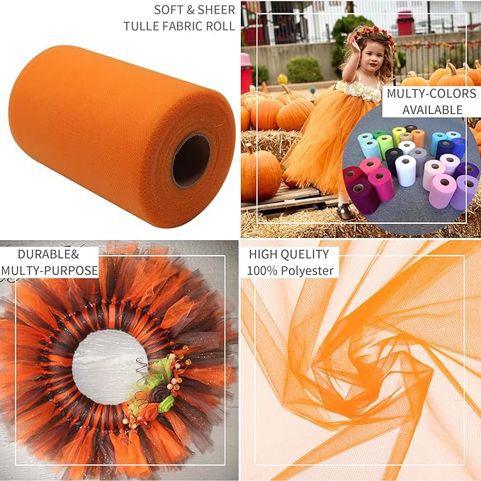 Orange Tulle Fabric Rolls 6 Inch by 100 Yards (300 feet) Fabric Spool Tulle Ribbon for DIY Orange Halloween Tutu Bow Baby Shower Birthday Party Wedding Decorations Christmas Craft Supplies