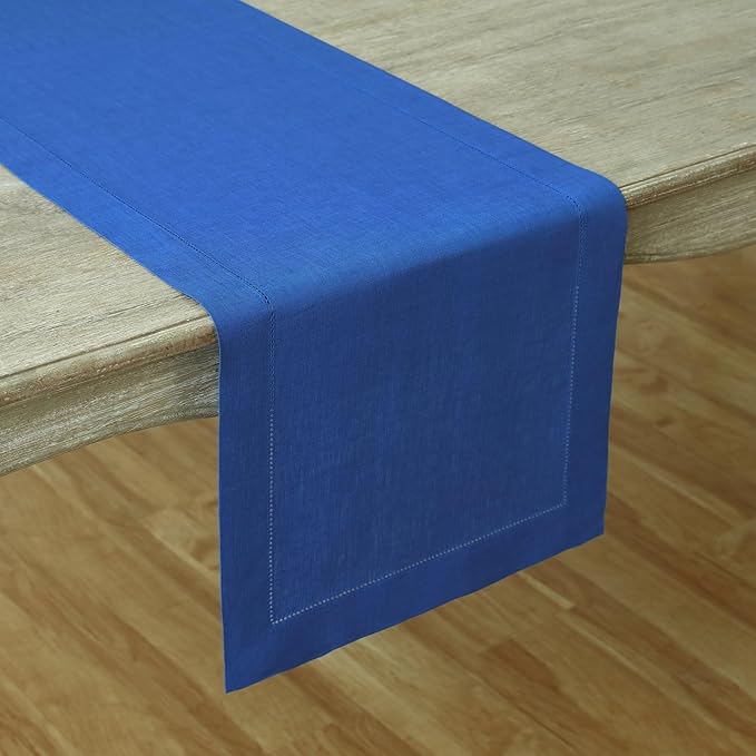 Solino Home Linen Royal Blue Table Runner 90 Inches Long - 100% Pure Linen 14 x 90 Inch Table Runner for Christmas - Classic Hemstitch