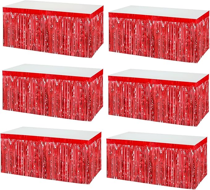 6 Pack 29x108 Inch Metallic Foil Fringe Tinsel Table Skirts Banner for Rectangle Tables Streamer Garland Curtains Backdrop for Wedding, Birthday, Parade Floats, Christmas Party Decoration(Red)