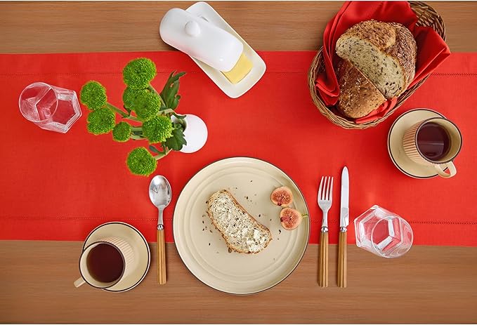 Solino Home Table Runner 120 Inches Long - Cotton Linen Hemstitch Poppy Red Table Runner 14 x 120 Inch for Halloween
