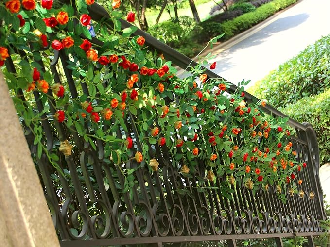 6FT Bendable Rose Vine with Butterflies, Wildflower Garland Hanging Floral Garland for Wall Decor Trellis Fence Home Room Decoration (Orange, 2pcs)