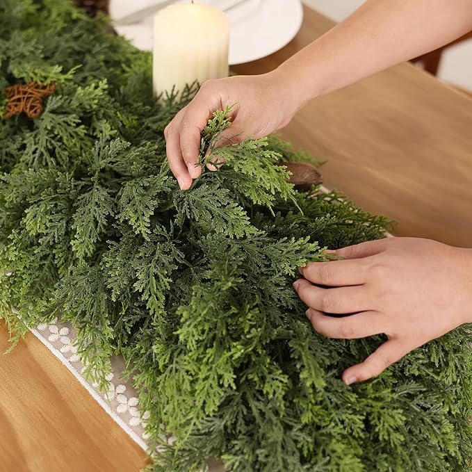 9FT Real Touch Cedar Garland - Artificial Christmas Garland Fake Green Faux Thick and Lush Pine Needles Garlands for Table Fireplace Mantle Holiday Home Indoor Outdoor Decor (2PCS)