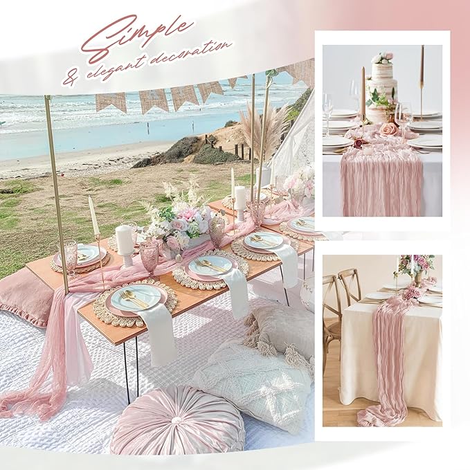 Aktor 12 Pack Dusty Pink Table Runner Boho Cheesecloth Table Runner Semi Sheer Gauze Fabric Runners for Wedding Birthday Baby Shower Party Boho Table Decoration（Dusty Pink）
