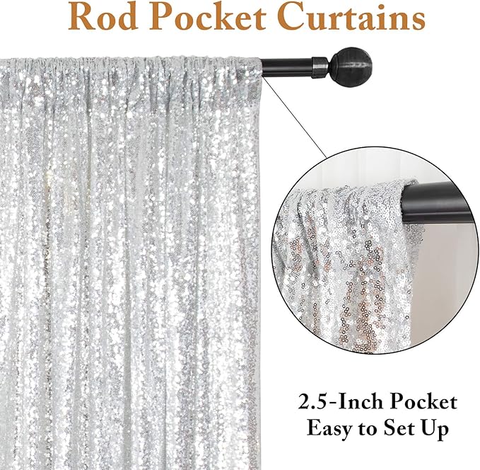 ShinyBeauty Sequin Curtains 4 Panels Silver Sequin Backdrop Photograph Backdrops Shimmer Background for Birthday Party New Year Decor Sparkle Fabric Gray Curtain (2FTx8FT)