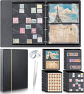 Lewtemi Stamp Collecting Albums Set Stamp Collection Book Include 20 Pages Album Binder Tweezer and Loop Magnifier Collecting Supplies for Collectors(Black,1/2/3/4 Rows)