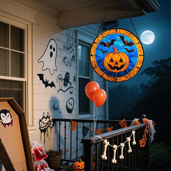 Stained Glass Window Hanging - Halloween Evil Pumpkin Suncatcher for Doors Window Garden Indoor Spooky Brown Bat Sun Catchers Gothic Decor Horror Gifts for Women Men Friend Boy Girl 9.8 in