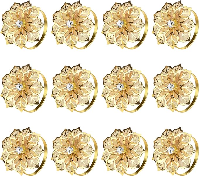 KPOSIYA Flower Napkin Rings Holder Metal Gold Napkin Rings Set of 12 for Wedding Party Holiday Banquet Christmas Dinner Delicate Serviette Buckles Decor Favor (12, Flower-Gold)