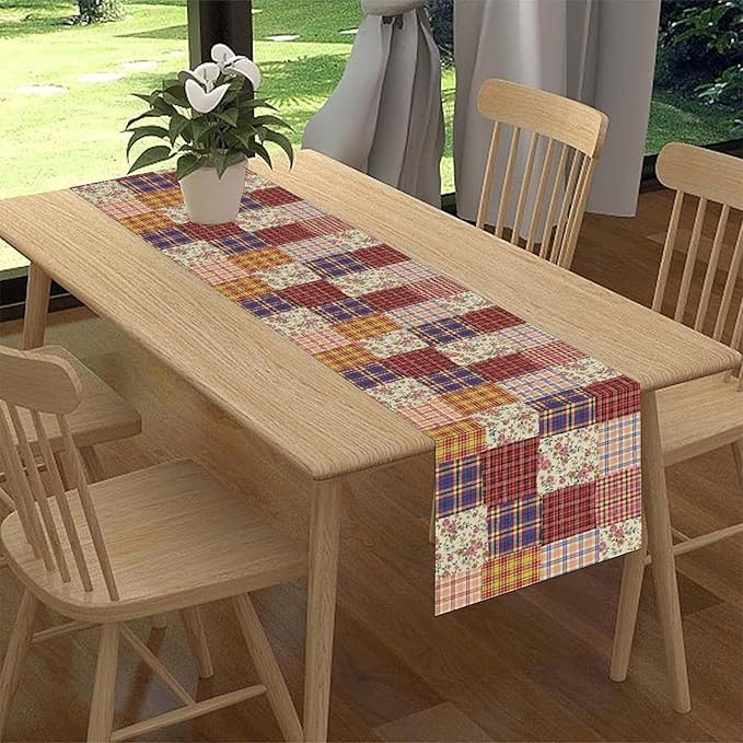 Patchwork Table Runner, Boho Vintage Floral Checkered Plaid Bohemian Paisley Flower Farmhouse Table Center Decor for Home Kitchen Dining Patio Holiday Party Indoor Table Decorations, 13"x72" Inch