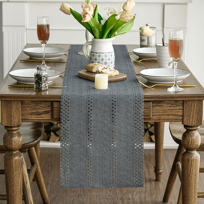 Artoid Mode Dark Grey Farmhouse Woven Rustic Hollow Table Runner, Seasonal Holiday Hollow Kitchen Dining Table Decoration for Home Party Decor 12x120 Inch