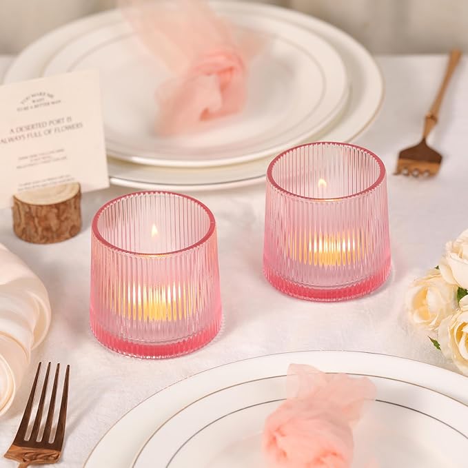 Pink Ribbed Tealight Votive Candle Holders Set of 10- Votive Candle Holders for Table Centerpiece, Tea Light Candle Holder Glass for Wedding and Home Decor, Blue Decor and Gifts