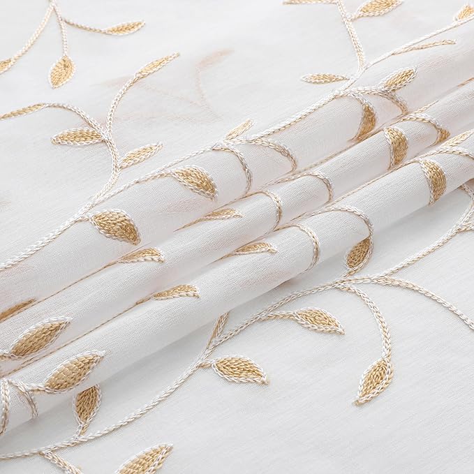 VISIONTEX White Sheer Voile Curtains, Decorative Orange Leaves Embroidery Faux Linen Rod Pocket Window Drapes for Home Kitchen, Living Room and Bedroom 54 x 54 Inch, Set of 2 Curtain Panels